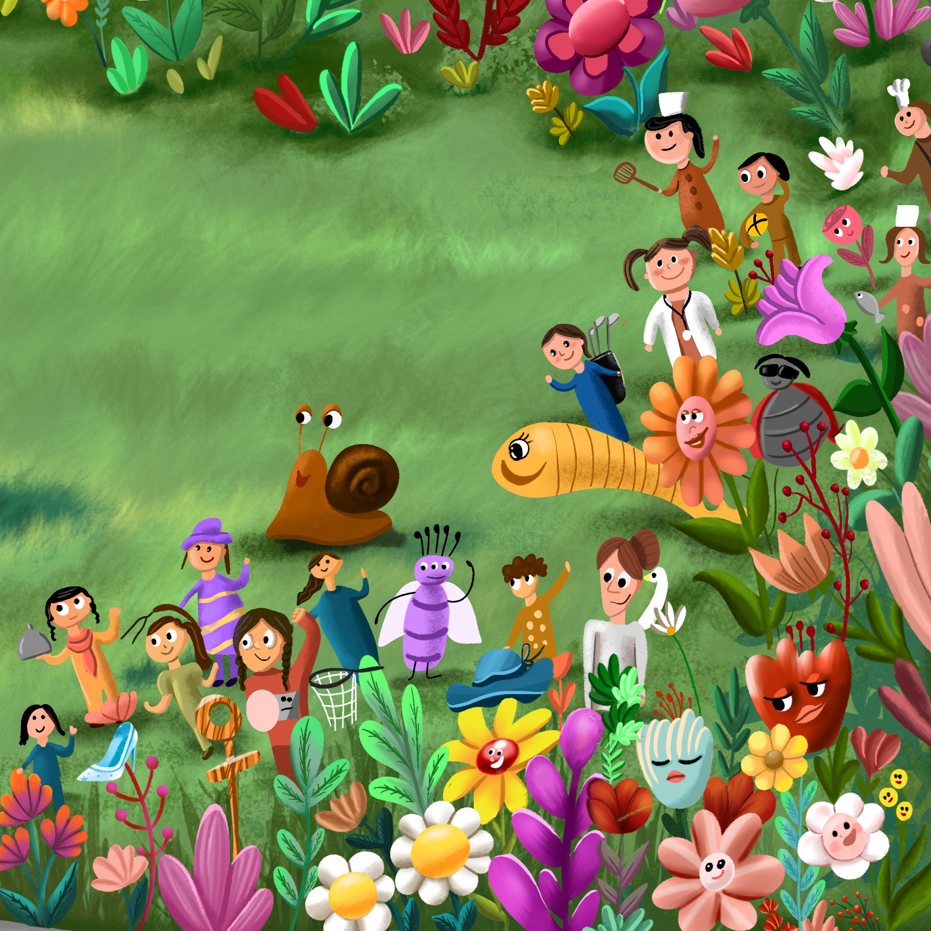 Illustrated garden scene from the children’s activism book “Painting Grace,” featuring colorful flowers personified as women, based on a sketch by Charleigh L., age 10, the Sketch-Off winner. Includes playful characters like a snail, worm, bee, and children dressed as gardeners, chefs, and other roles, symbolizing creativity, inclusion, and the democratization of art.