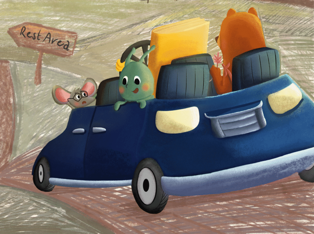 A car with characters Bug, Bear and Bart driving through a crayon-drawn countryside.