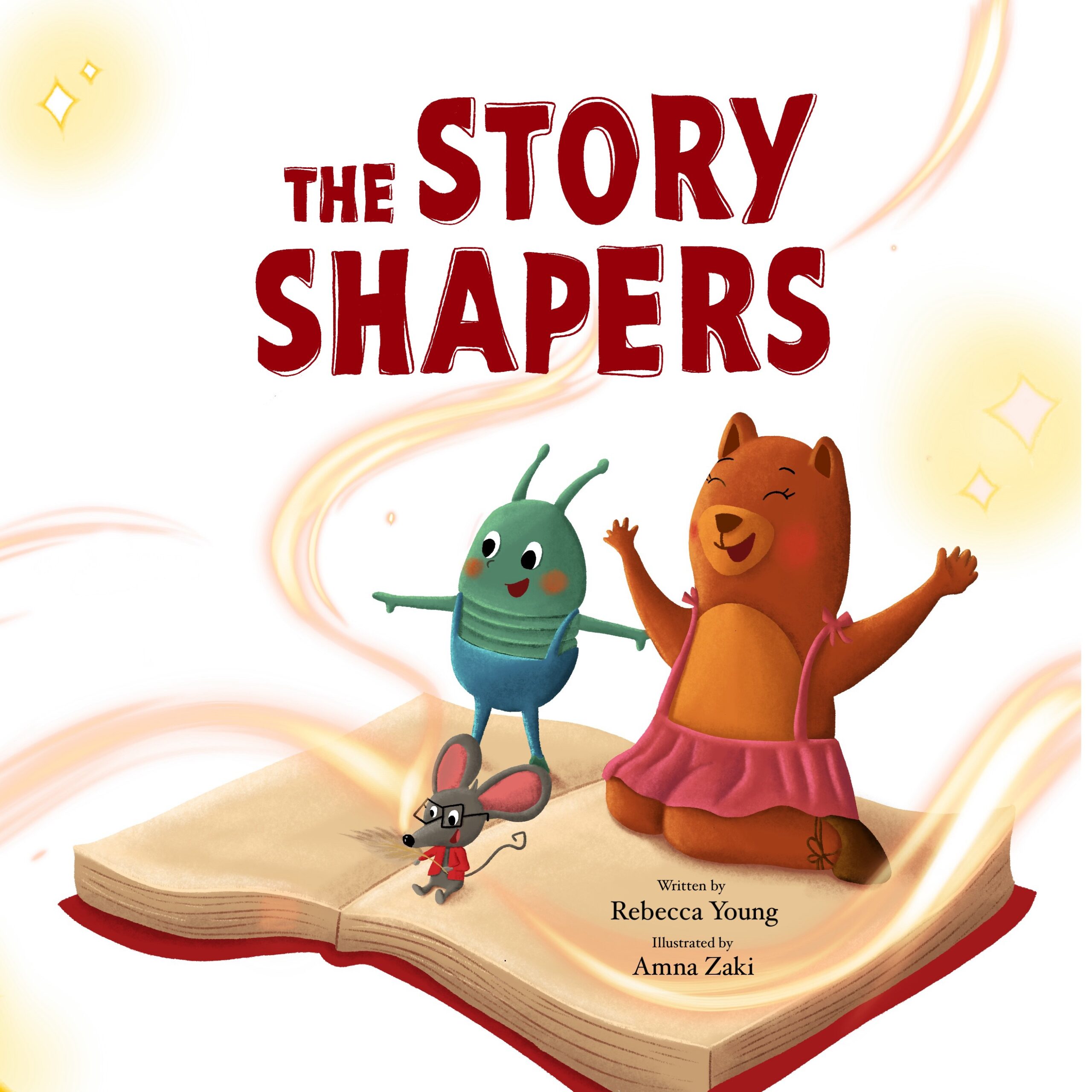 Characters Bug, Bear, and Bart on a book that looks lke a magic carpet.