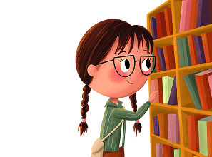 Image of Bug & Bear Mascot Gabby pulling books off a book shelf. She inquisitively grabs a book reflecting interactive storytelling as the foundation for creative literacy.