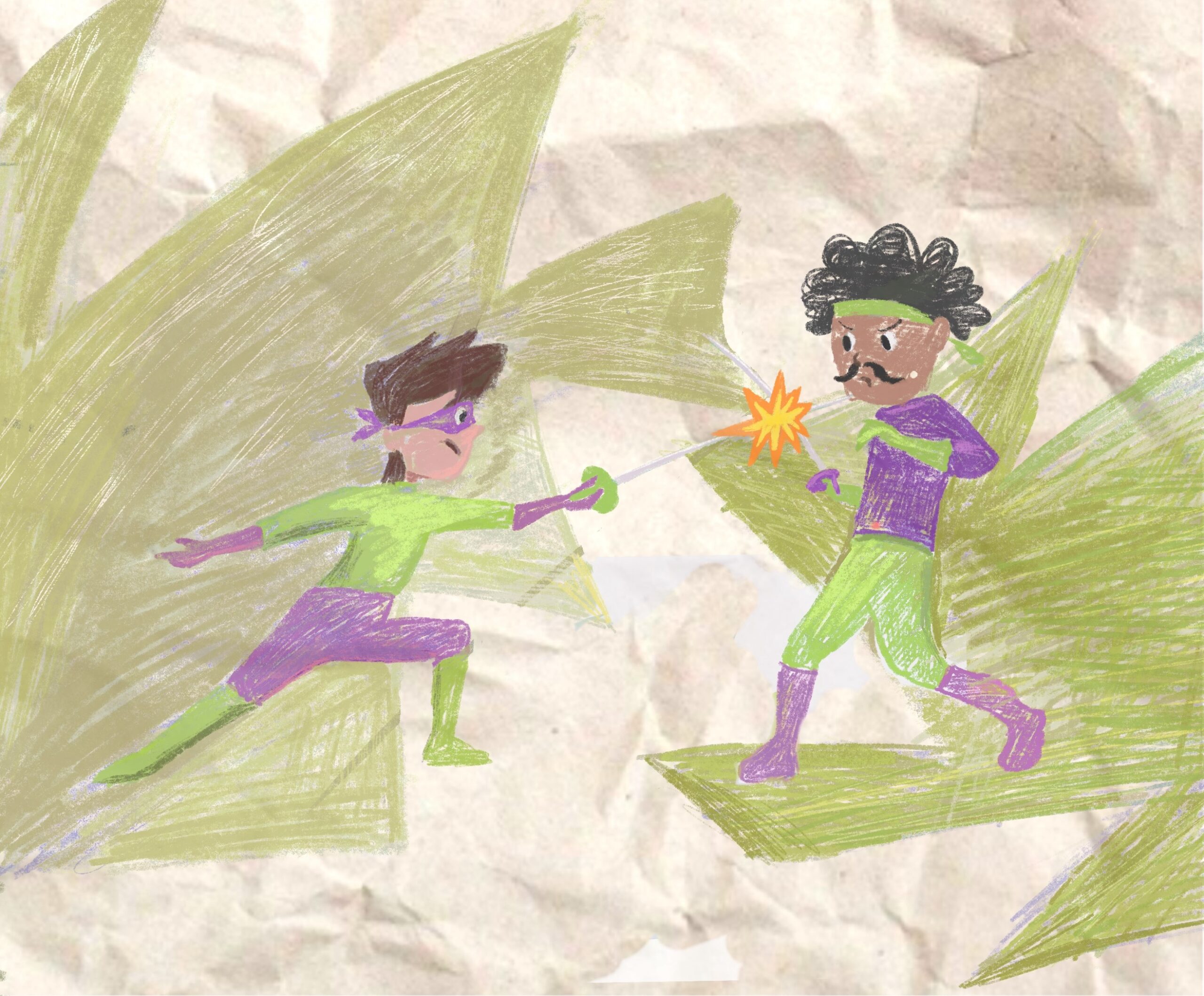 Children’s book illustration showing a hero and villain in mixed violet and chartreuse superhero costumes, representing social justice, DEI in schools, and the complexity of identity and morality in kids’ stories.